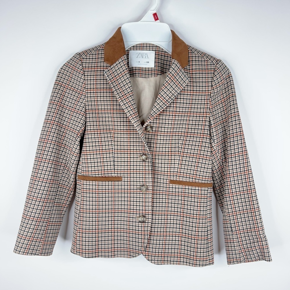Zara Kids Houndstooth Blazer Brown Elbow Patch Classic Size 8
